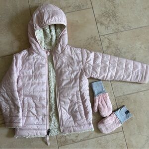 EUC The North Face Toddler Girls Reversible Mossbud Jacket & Osilito Mittens